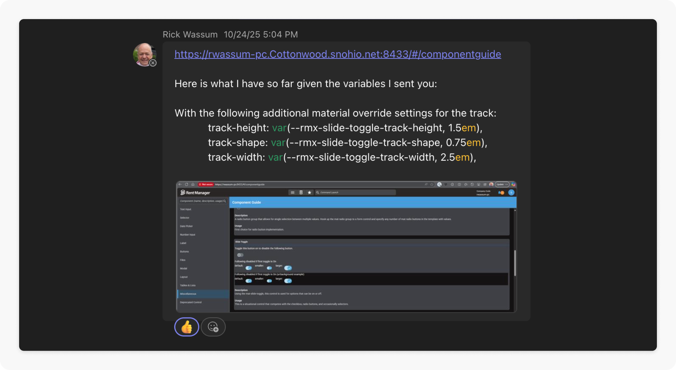 Chat conversation with a developer sharing a component guide link and screenshot of slide toggle track settings