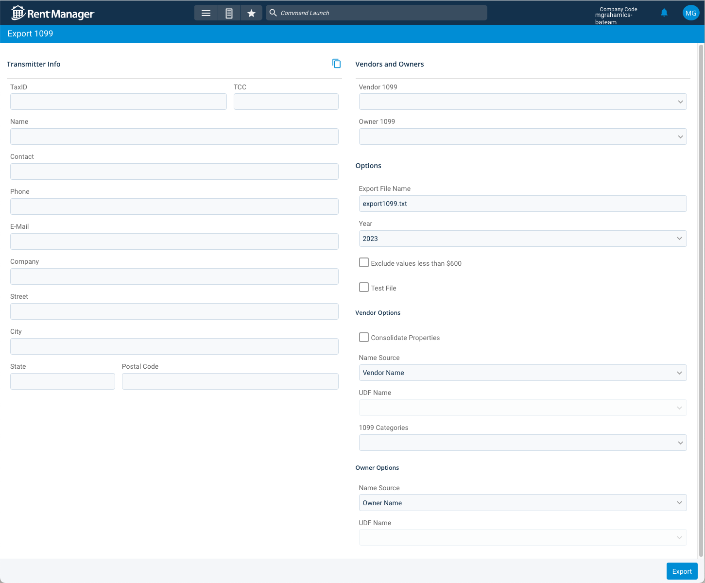 Old 1099 Export screen — flat form with Transmitter Info, Vendors and Owners, and Options all on one page