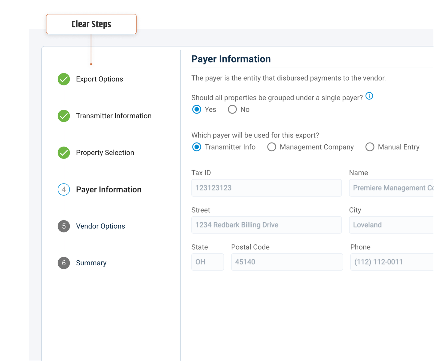 Payer Information step, annotated to highlight the clear, numbered wizard steps
