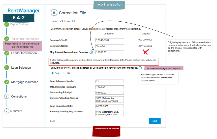 Hand-annotated screenshot of the Corrections step in the 1099 export wizard, flagging UX issues