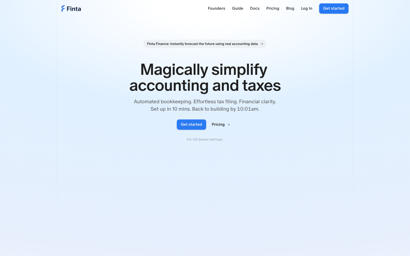 finta.com homepage, referenced for leading with a rating and proof directly under the hero