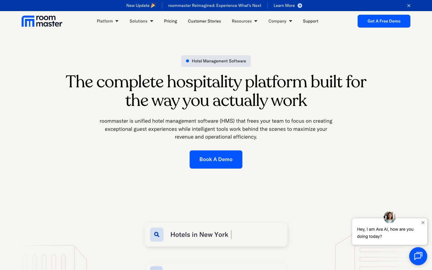 roommaster.com homepage, referenced for quantified inline benefit statements and a booked-demo CTA pattern