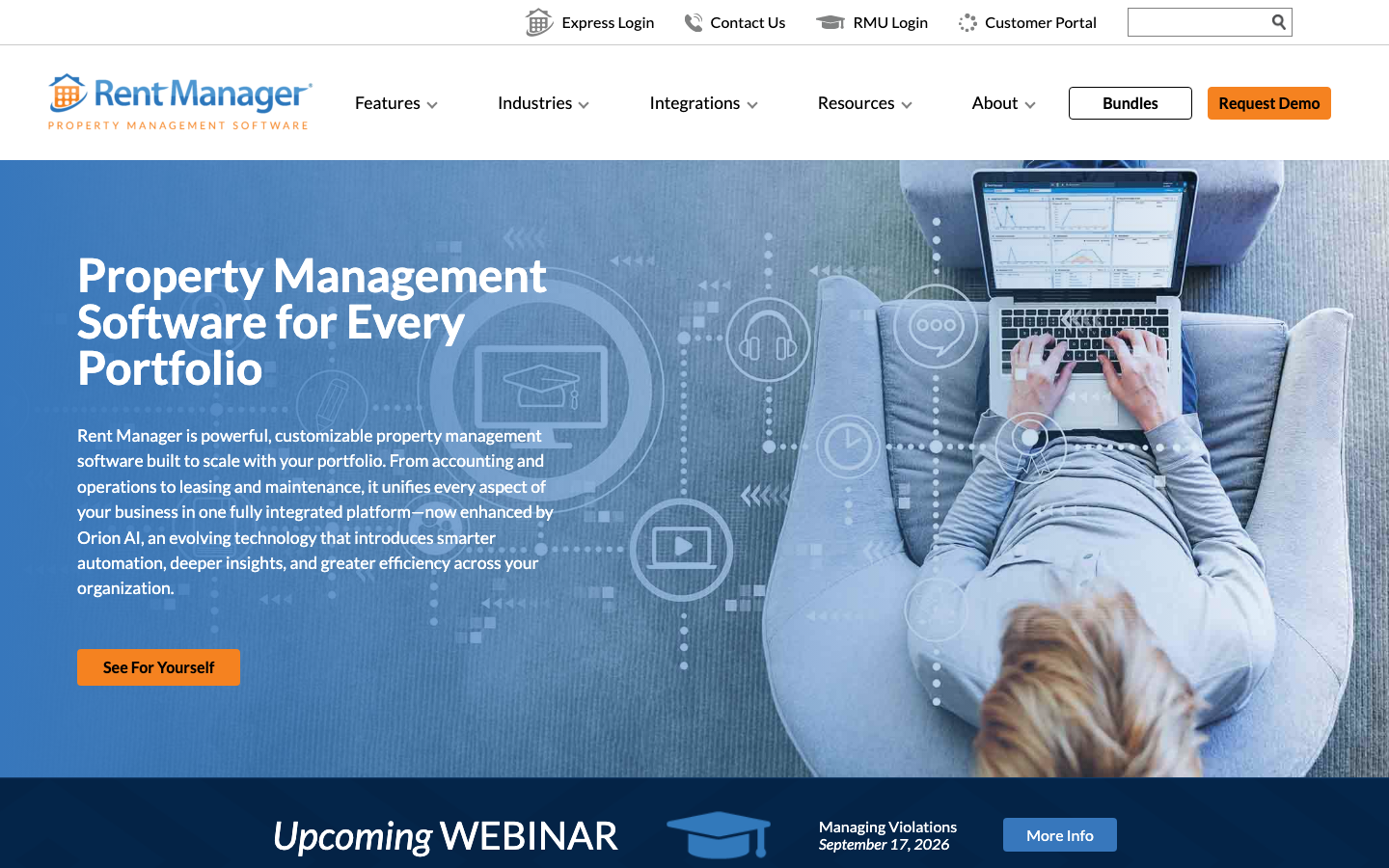 The live rentmanager.com homepage before the redesign: dense navigation, stock photography, and an events banner competing with the hero