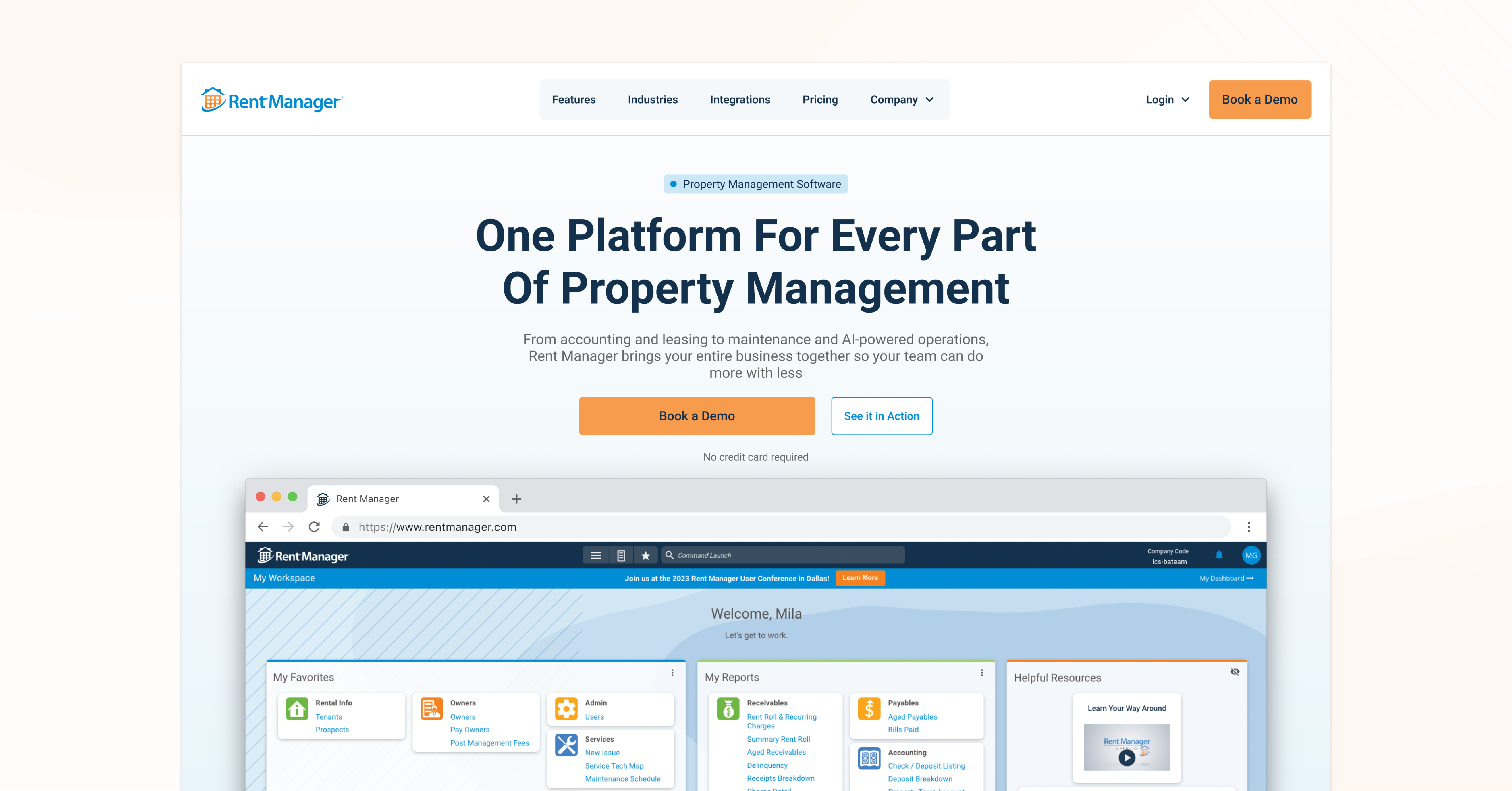 Redesigned homepage hero with the real Rent Manager dashboard shown in a browser mockup below the fold