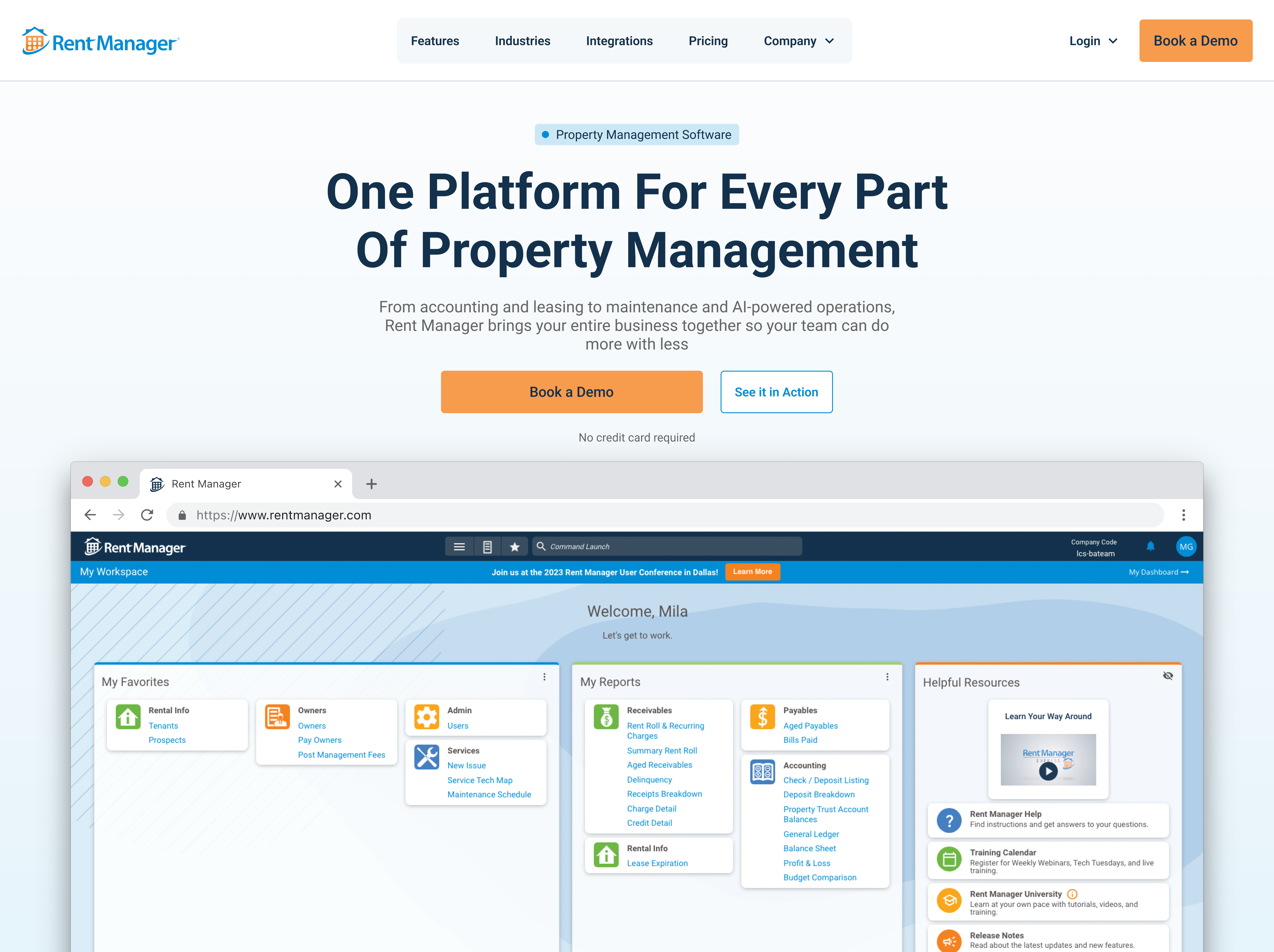 The redesigned homepage: a single dominant headline, one primary CTA, and a restrained six-item navigation, with the real Rent Manager dashboard shown in a browser mockup below the fold