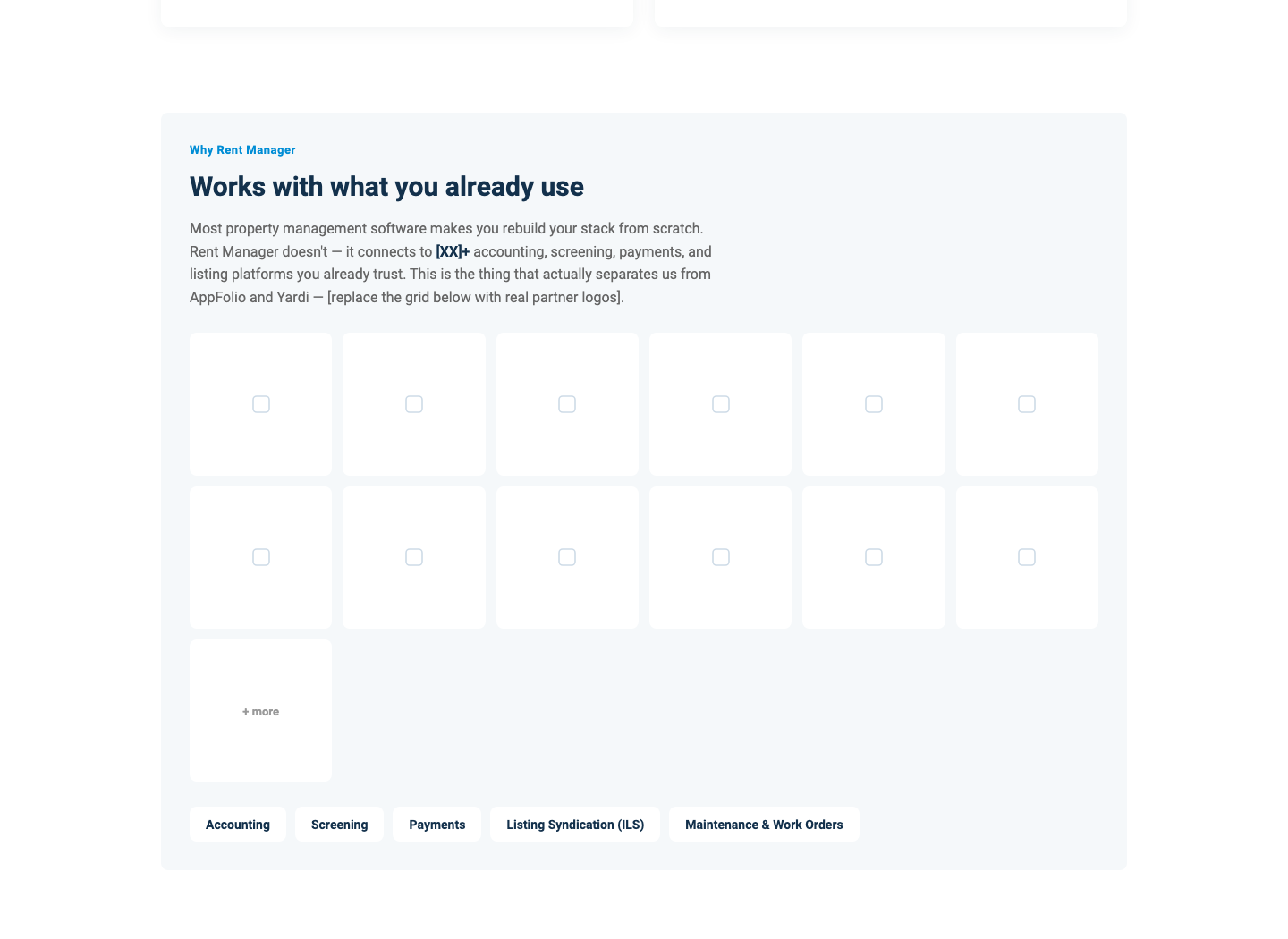Why Rent Manager section naming the real competitive differentiator: works with what you already use, with a partner-logo grid and integration category chips