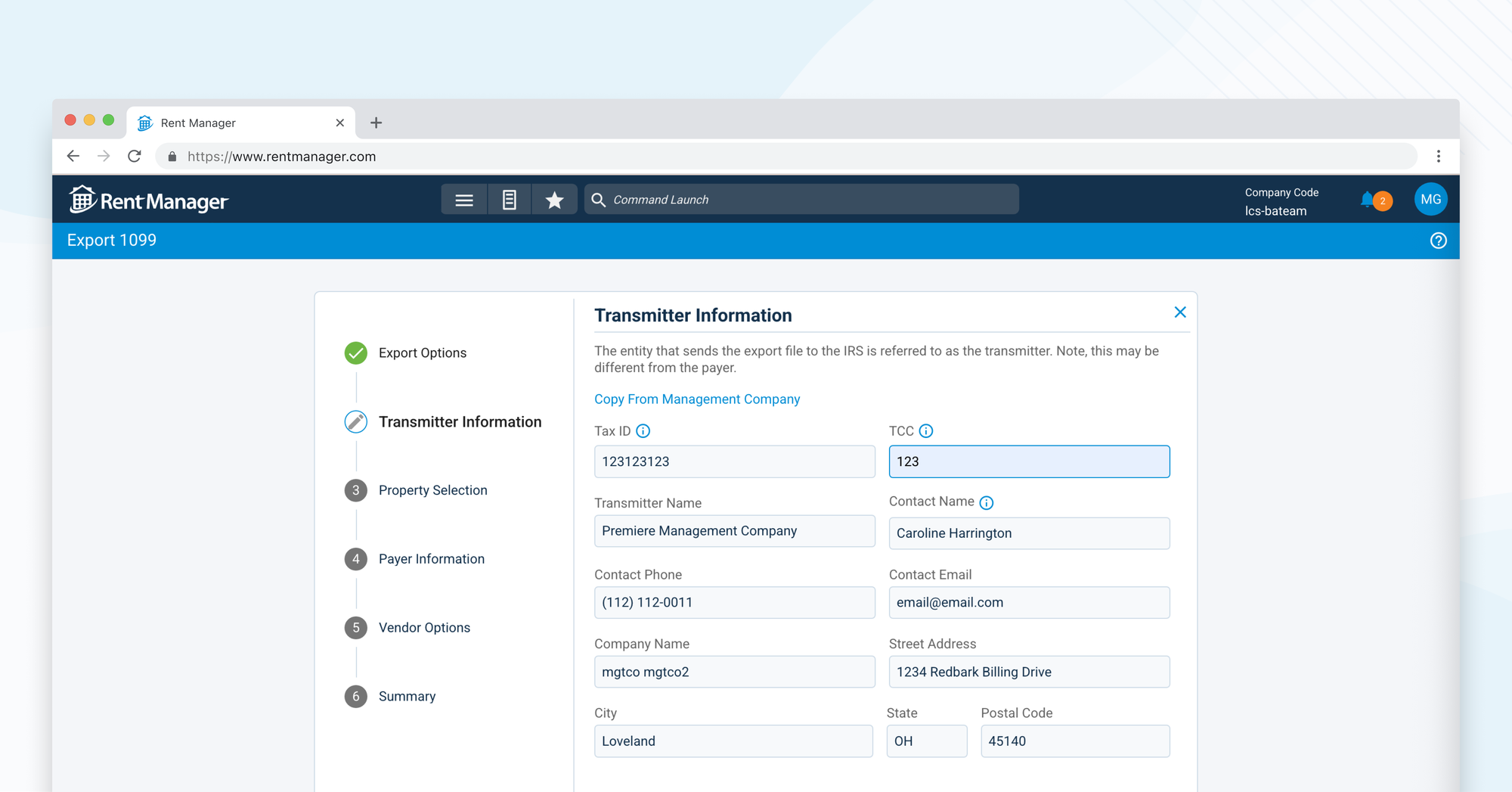 Export 1099 wizard, Transmitter Information step with company and contact fields
