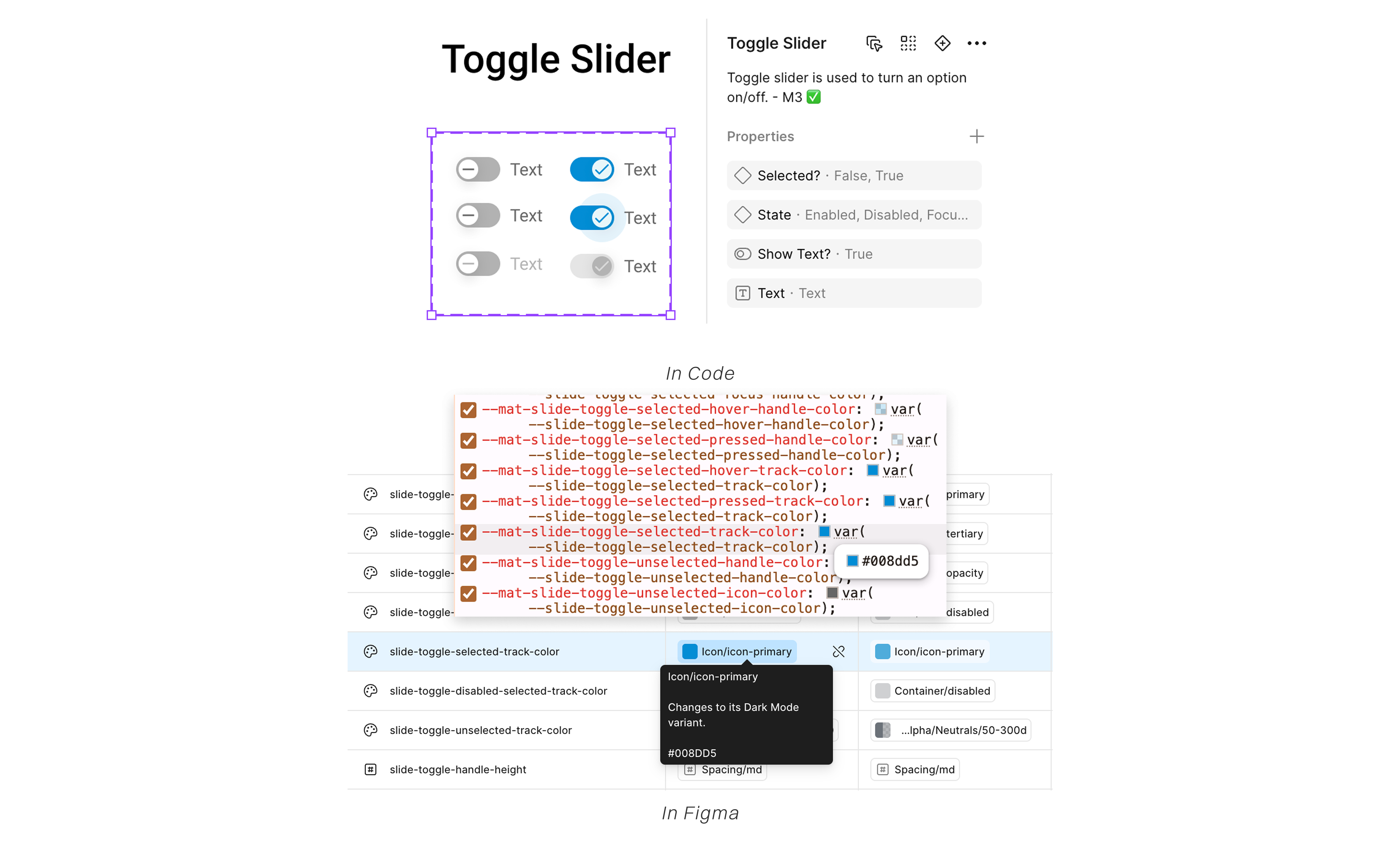 Toggle Slider component documentation showing its Figma properties (Selected, State, Show Text) alongside the equivalent --mat-slide-toggle CSS variables in code