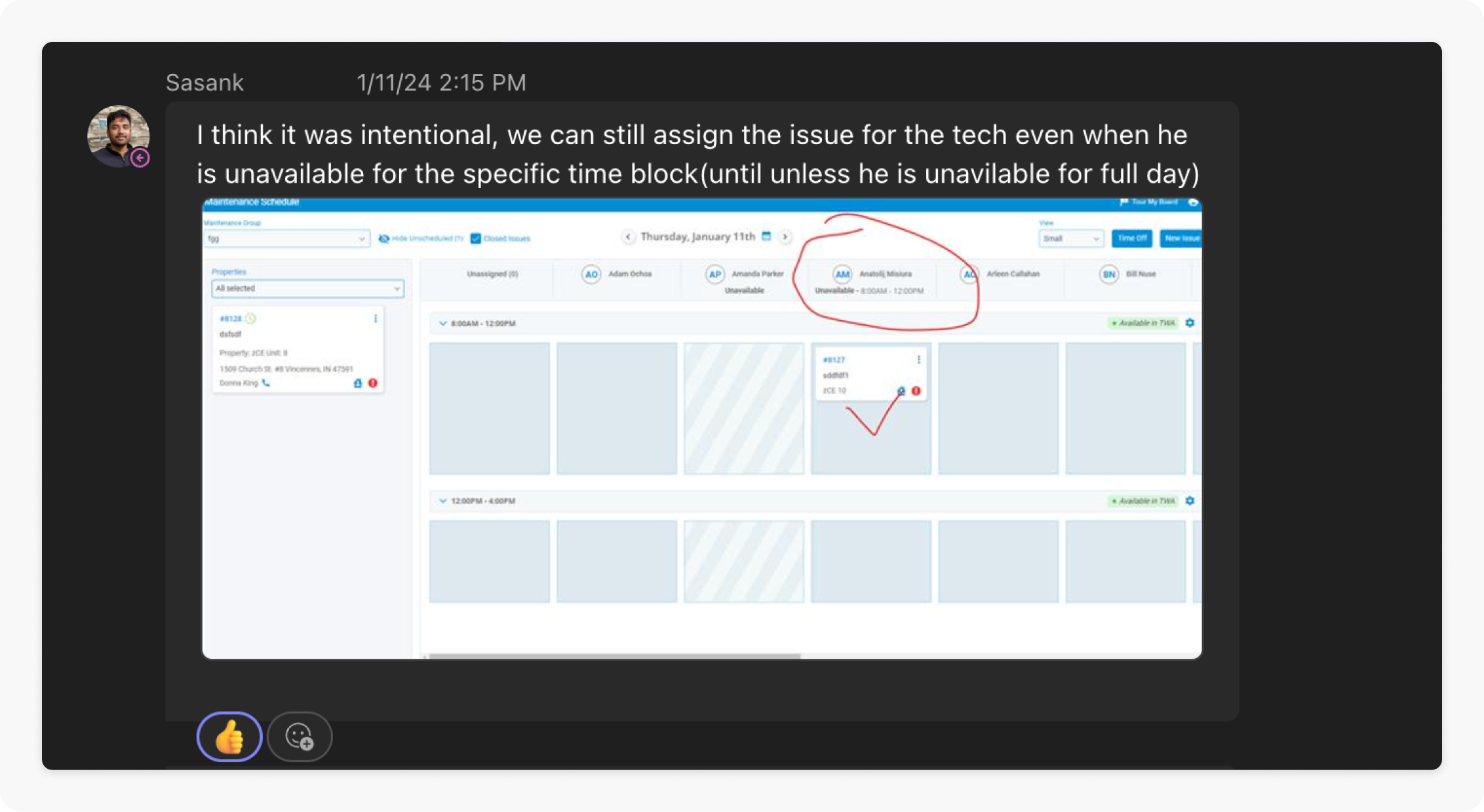 Chat message from developer Sasank with an annotated screenshot of the Maintenance Schedule board, discussing tech availability during a time block