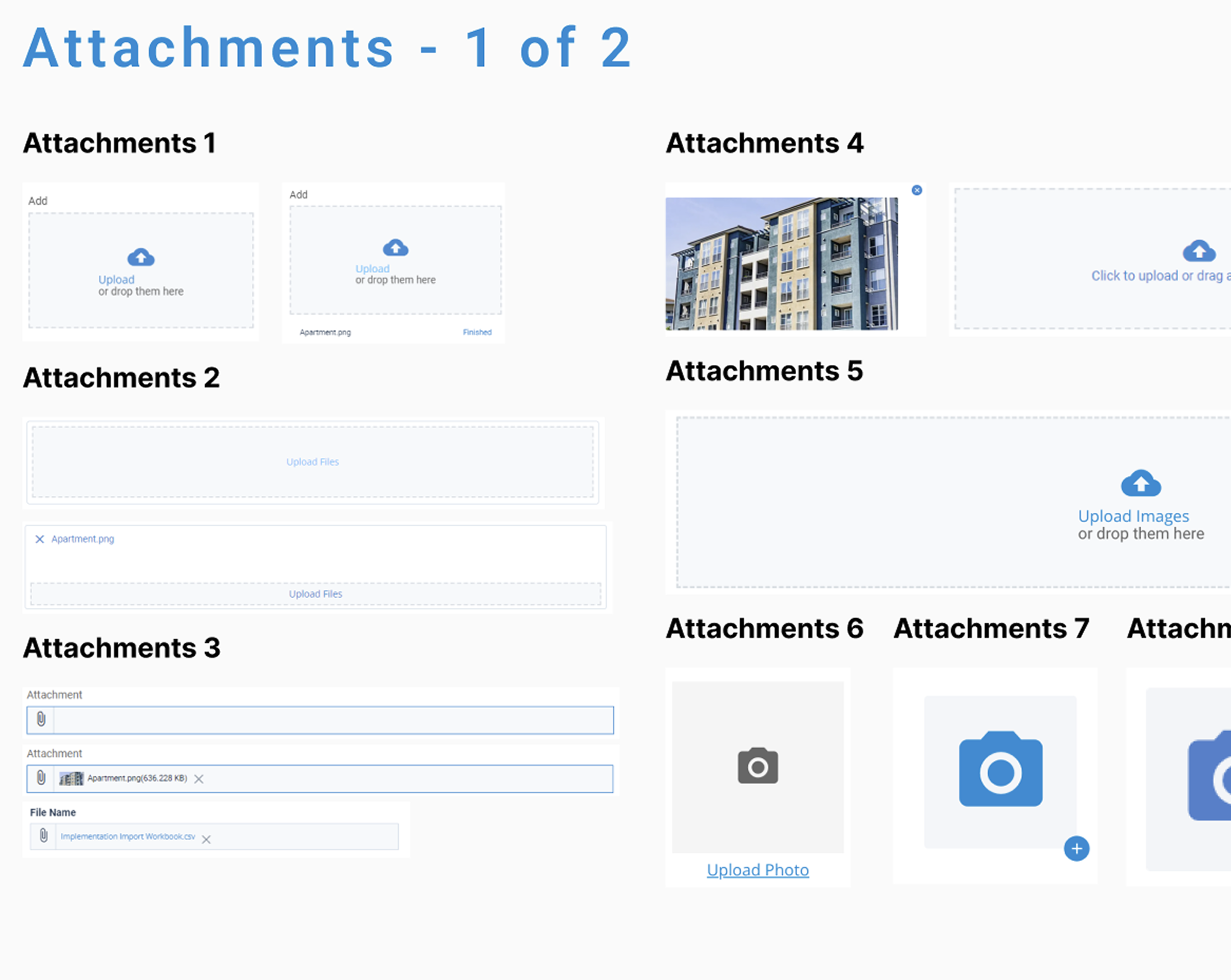 Audit of existing attachment/upload component patterns across the product, showing 7+ visually inconsistent implementations of file upload UI