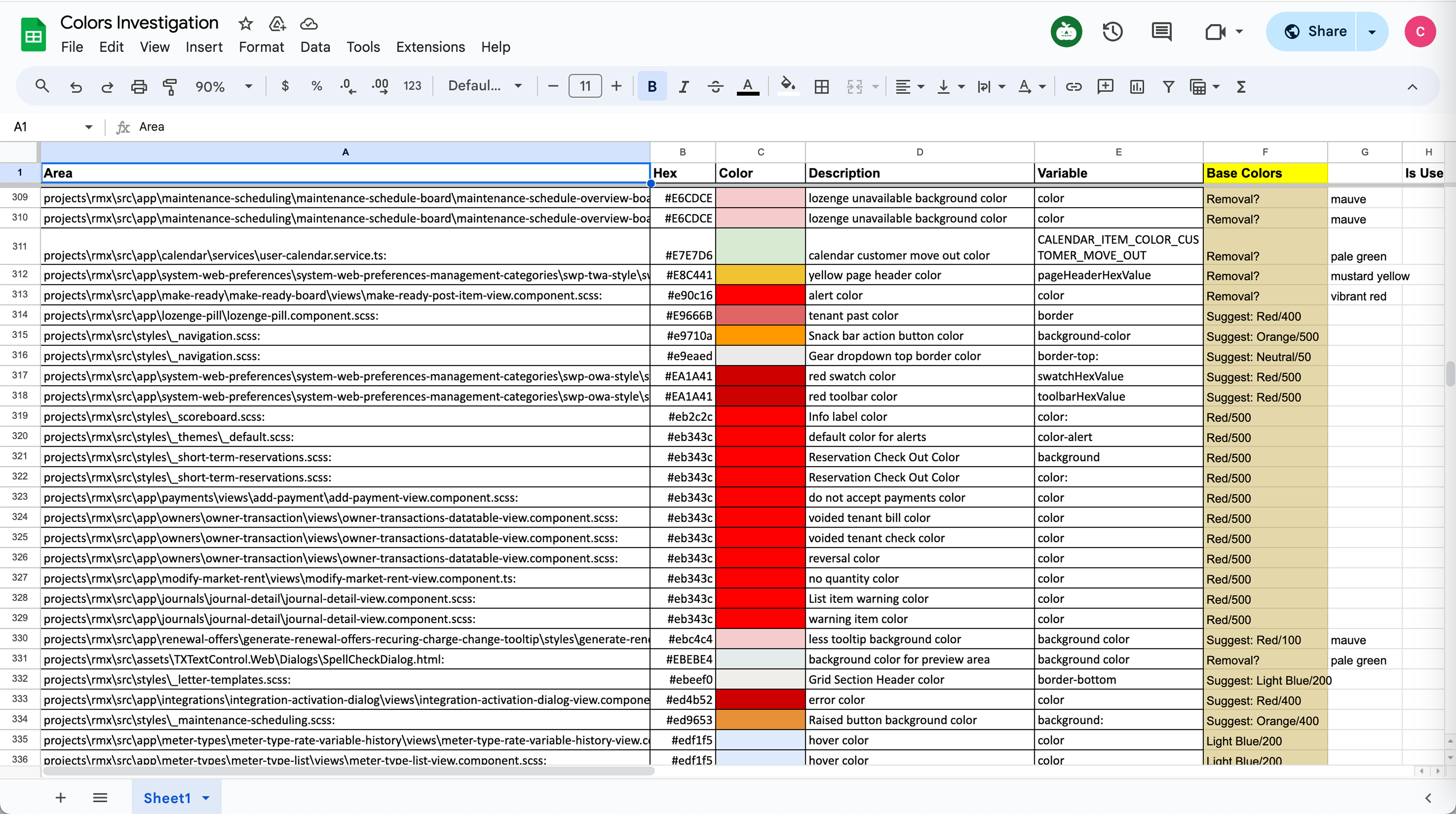 Colors Investigation spreadsheet auditing every hex value used across the codebase, with columns for area, hex, color swatch, description, variable name, and suggested base color