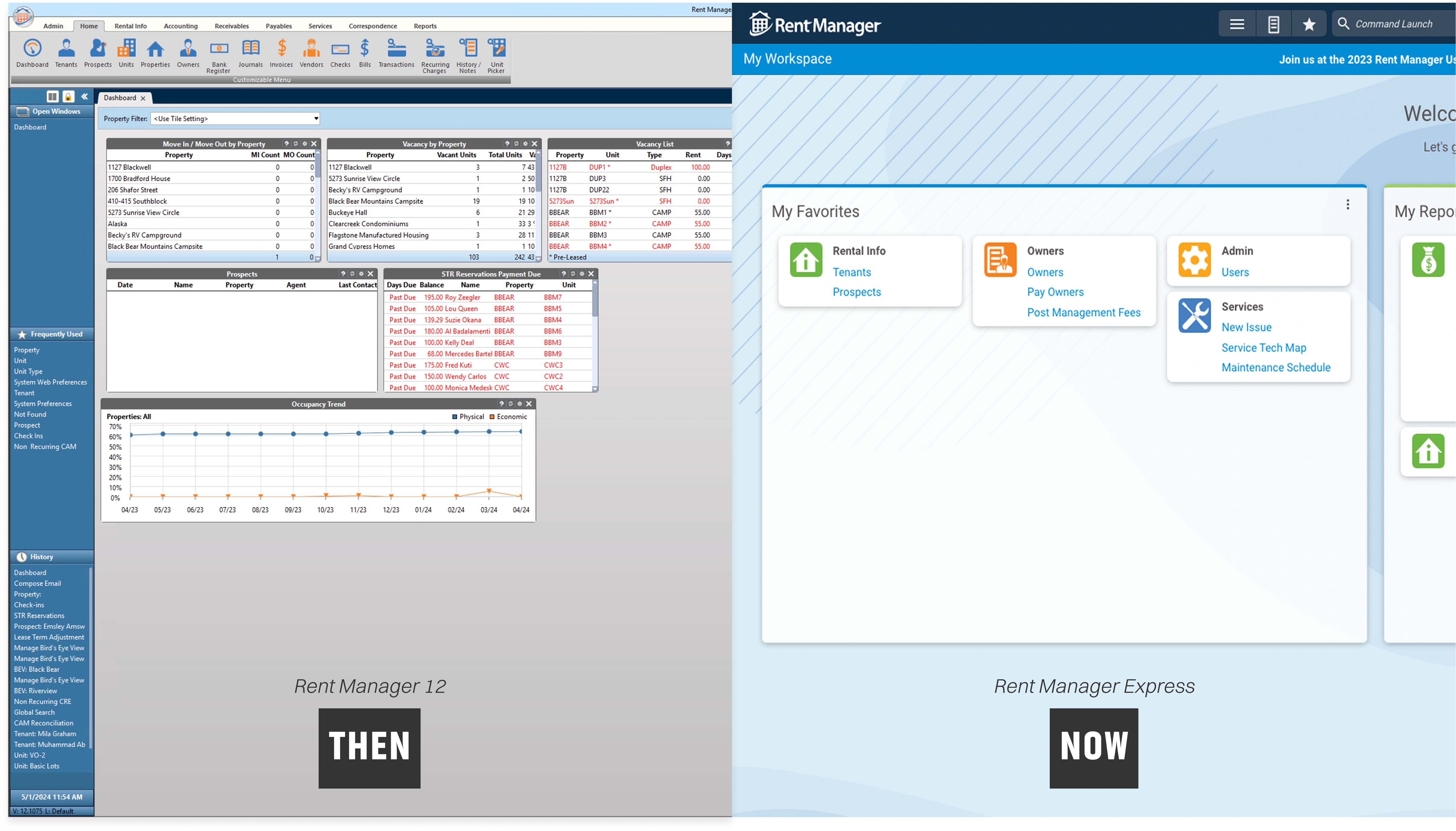 Side-by-side comparison of the legacy Rent Manager 12 interface labeled 'Then' next to the modern Rent Manager Express interface labeled 'Now'