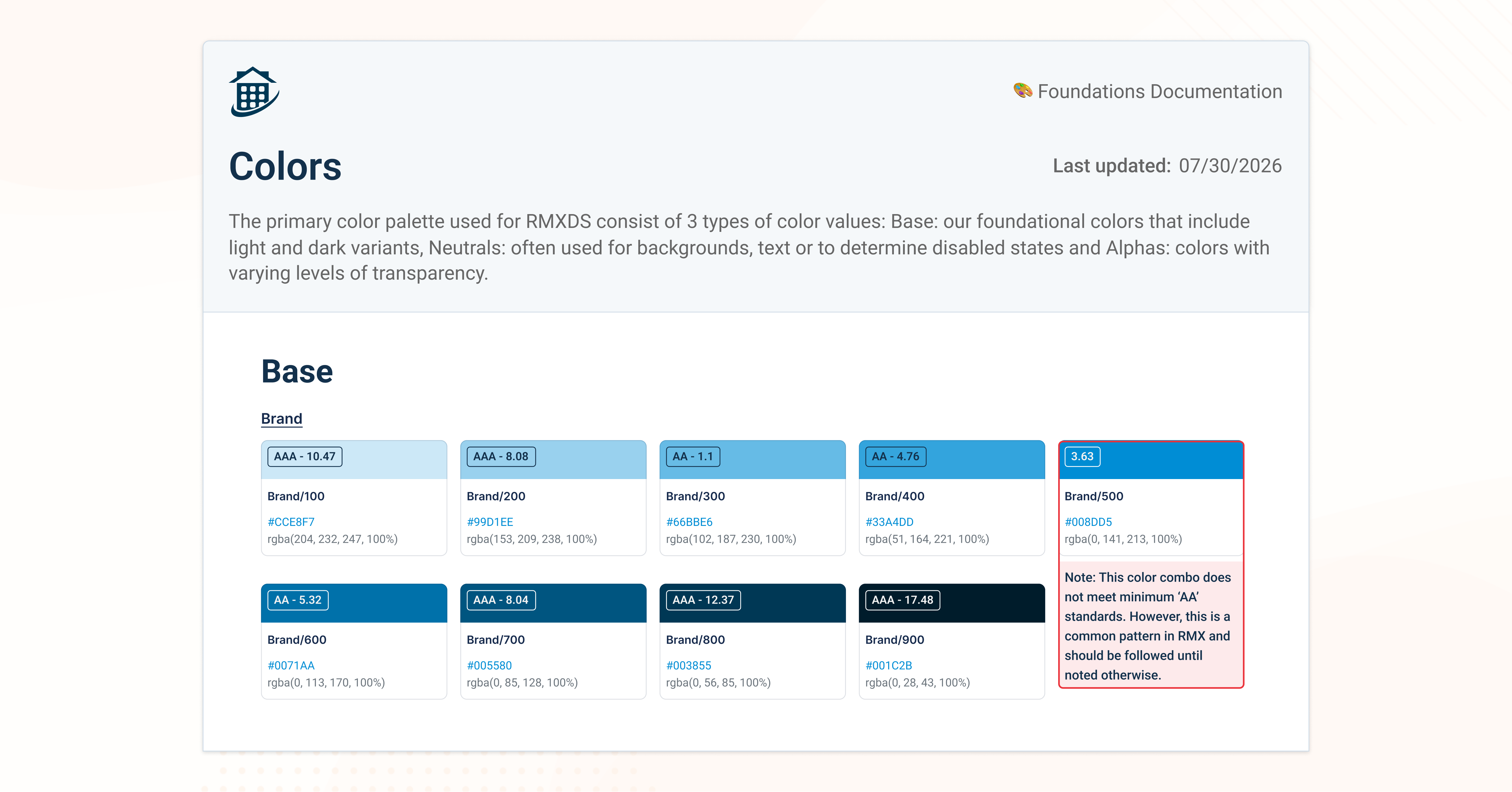 RMXDS Colors foundations documentation showing the Base/Brand color ramp from Brand/100 through Brand/900, each swatch annotated with a WCAG contrast score, hex value, and RGBA value