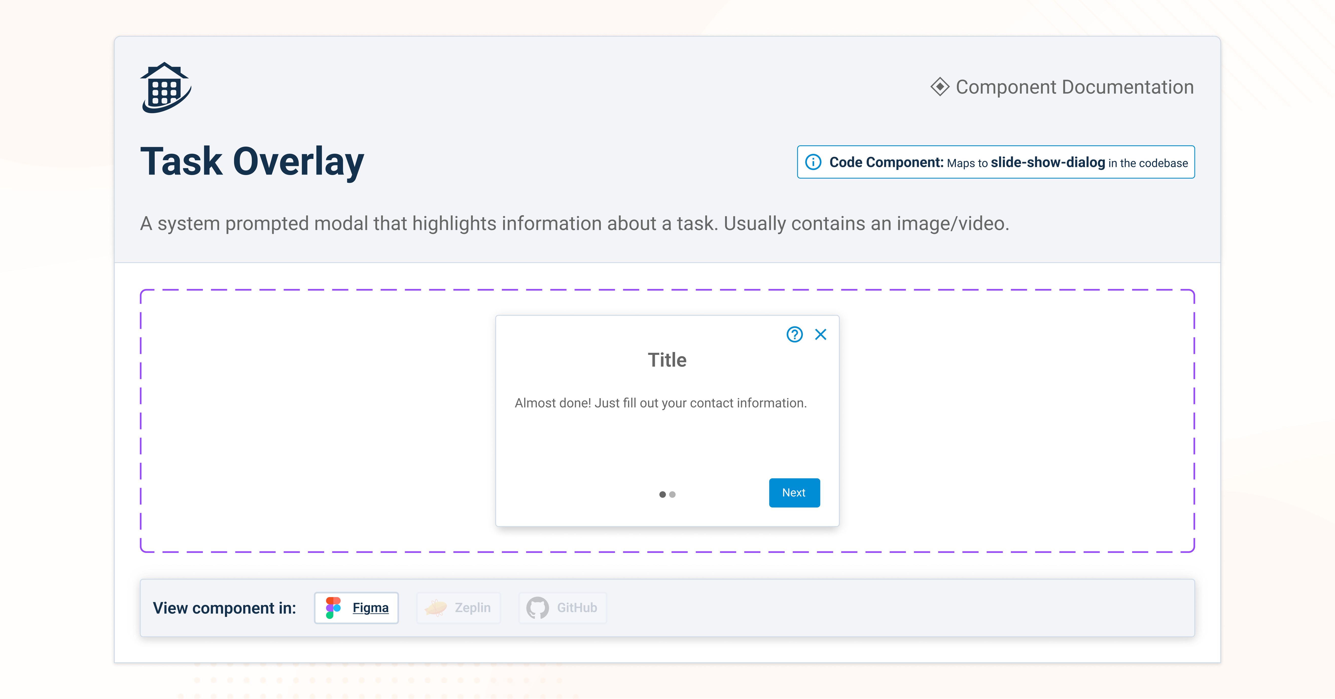 RMXDS Task Overlay component documentation page, showing the modal preview and a link to view the component in Figma