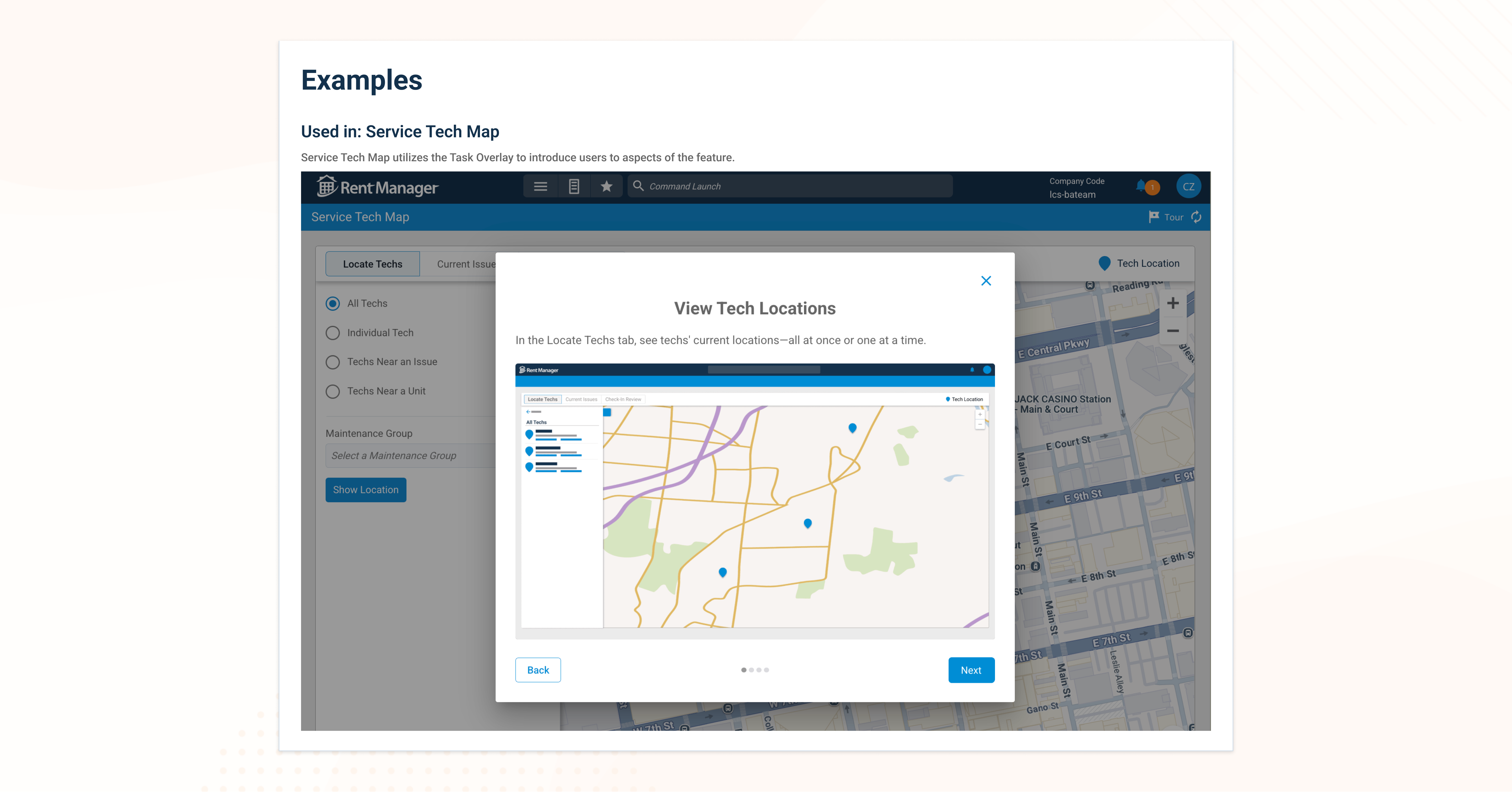 RMXDS Task Overlay used in the Service Tech Map feature, showing a 'View Tech Locations' overlay guiding a user through the Locate Techs tab