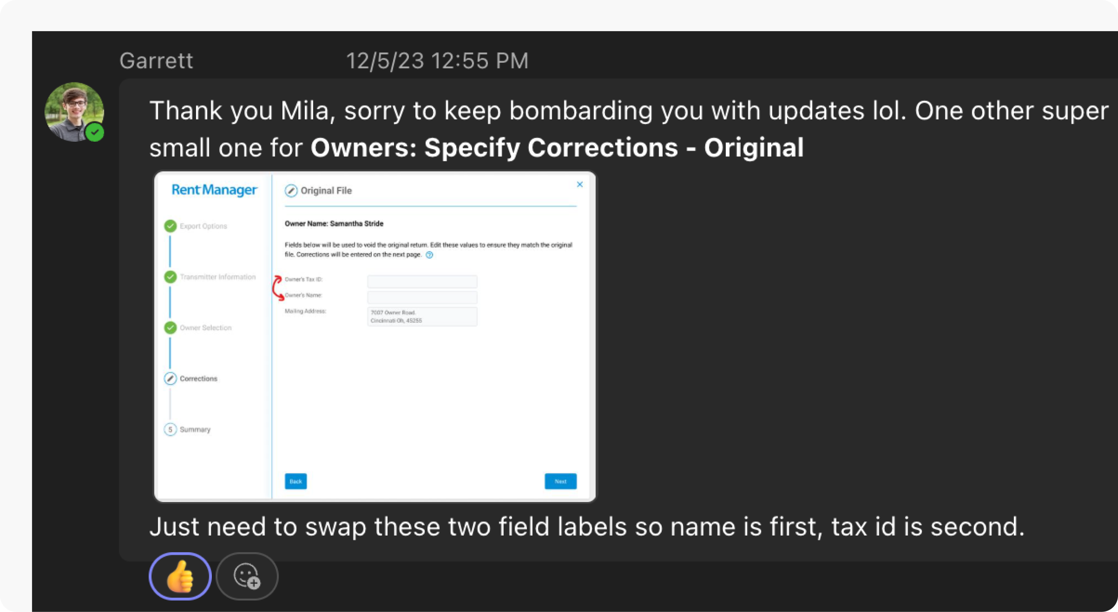 Chat message from Garrett with an annotated screenshot of the 1099 export wizard's Corrections step, requesting a field-label change