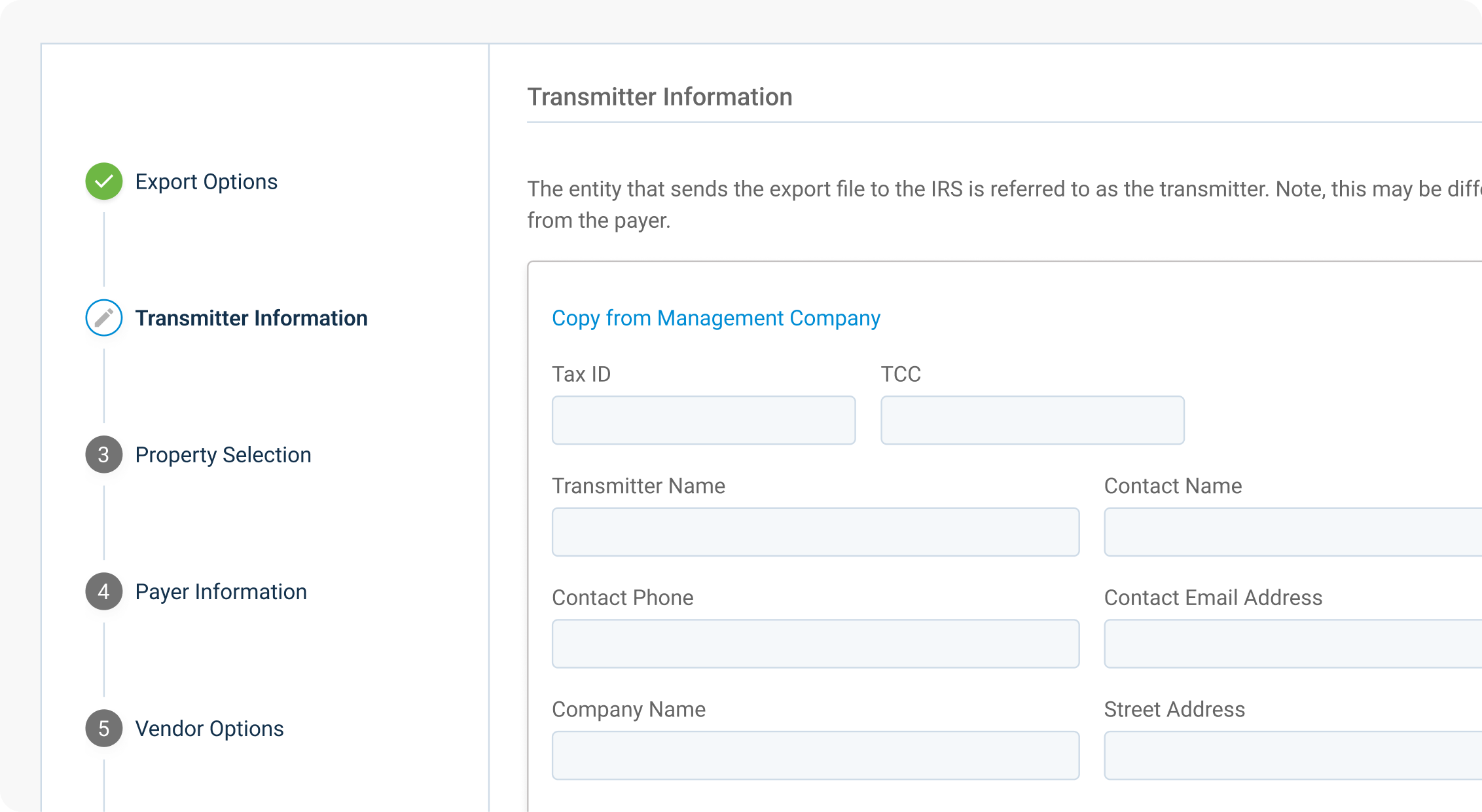 The 1099 export wizard's Transmitter Information step, with a numbered progress sidebar for each step of the export