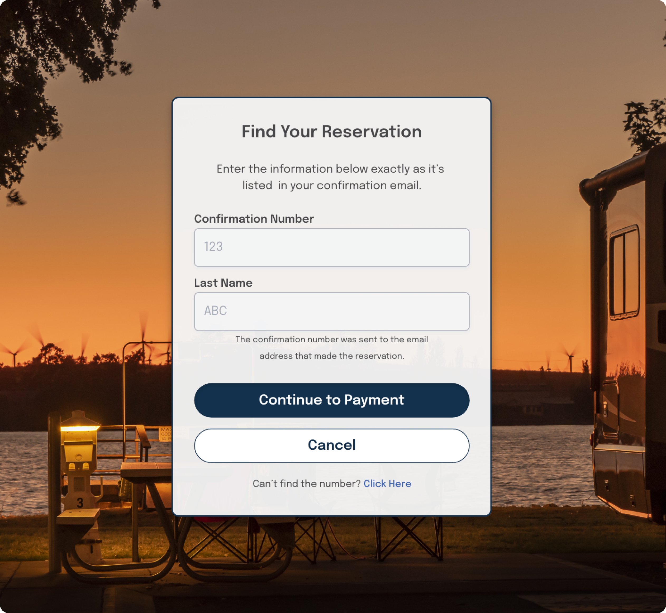 Find Your Reservation screen for looking up an existing booking by confirmation number and last name
