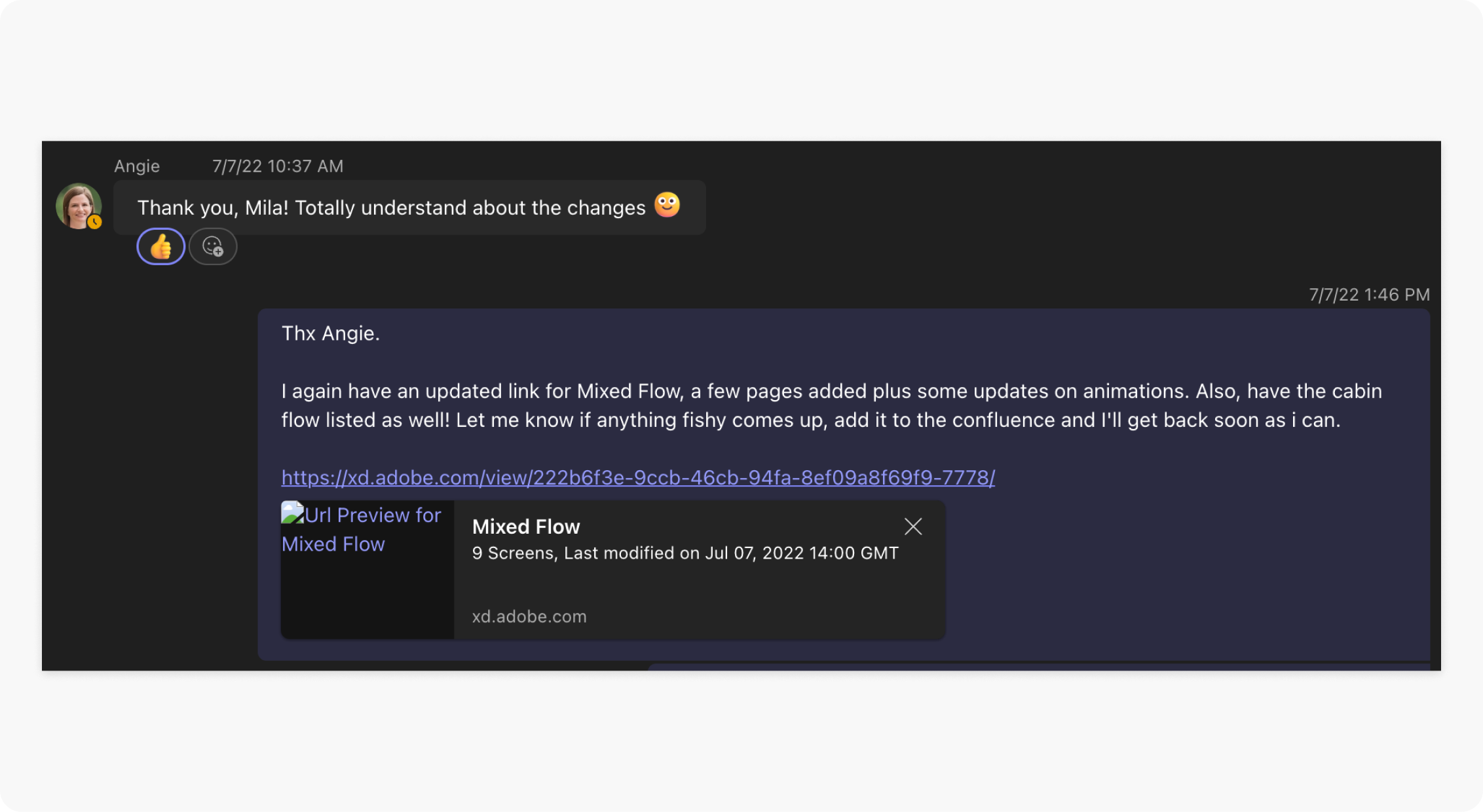 Chat conversation with developer Angie confirming an updated design spec link