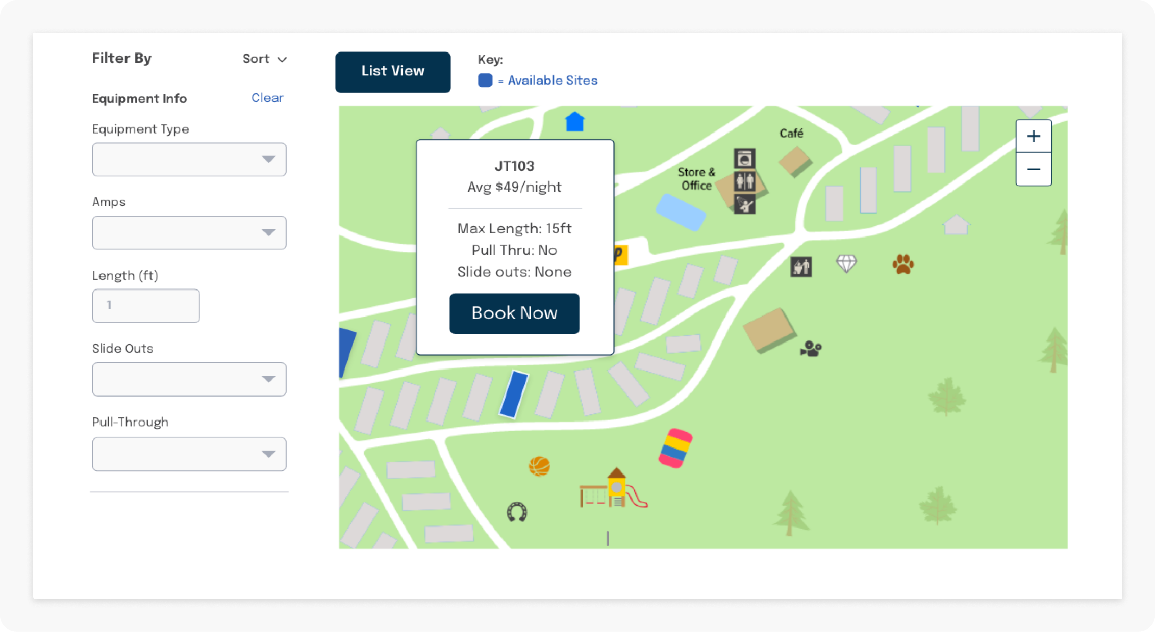 Site filter panel and interactive map view showing available RV sites and a site detail popup