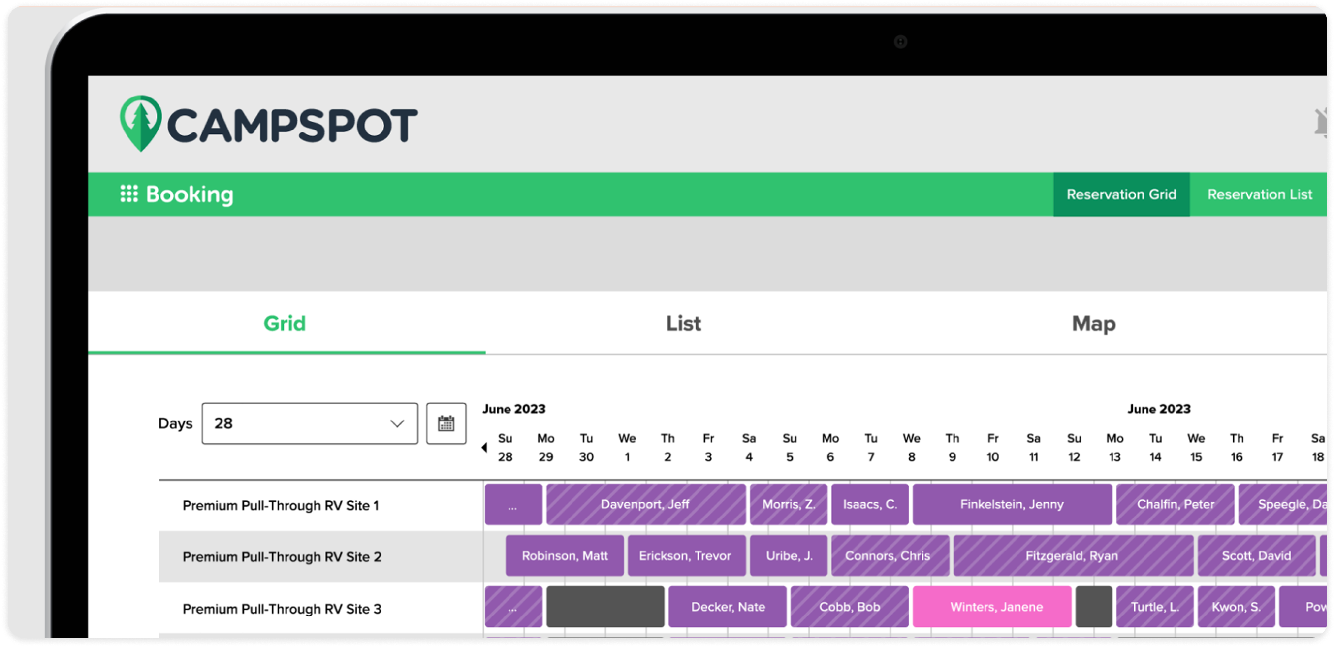 Campspot booking widget showing a reservation grid of RV sites by date