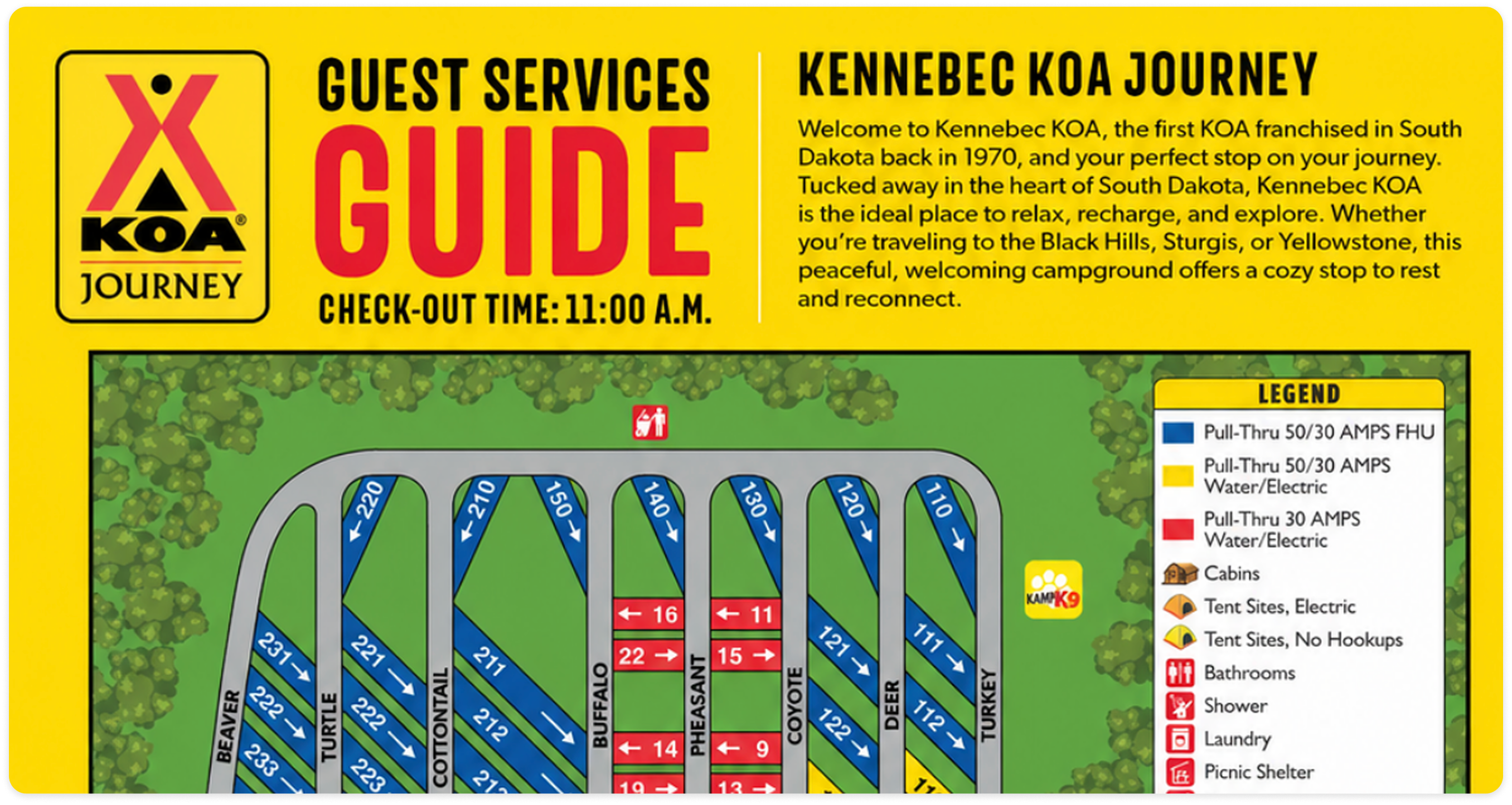 KOA campground guest services guide showing a site map with amp and hookup legend