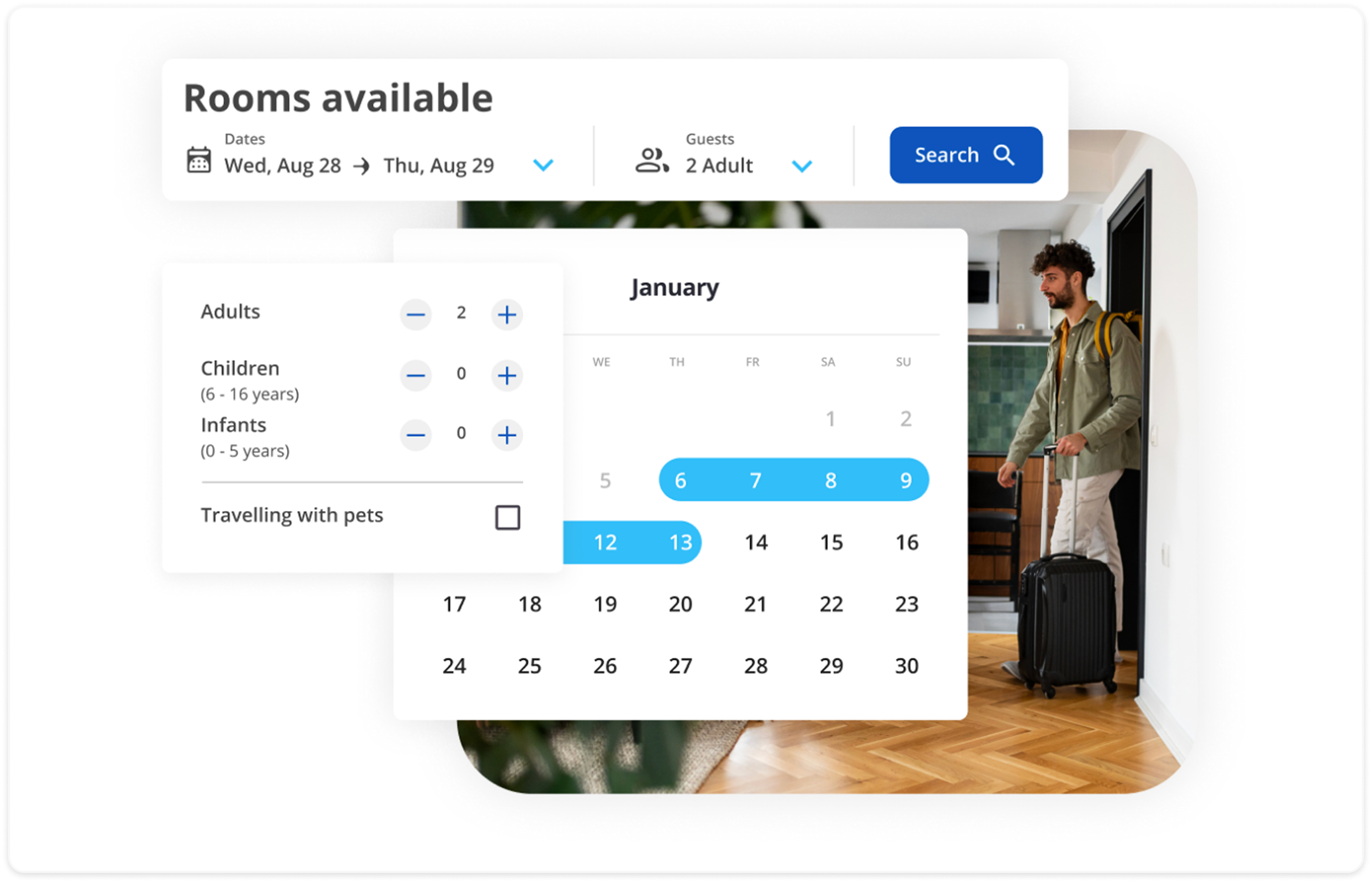 RMS Cloud rooms-available search widget with date, guest, and pet filters
