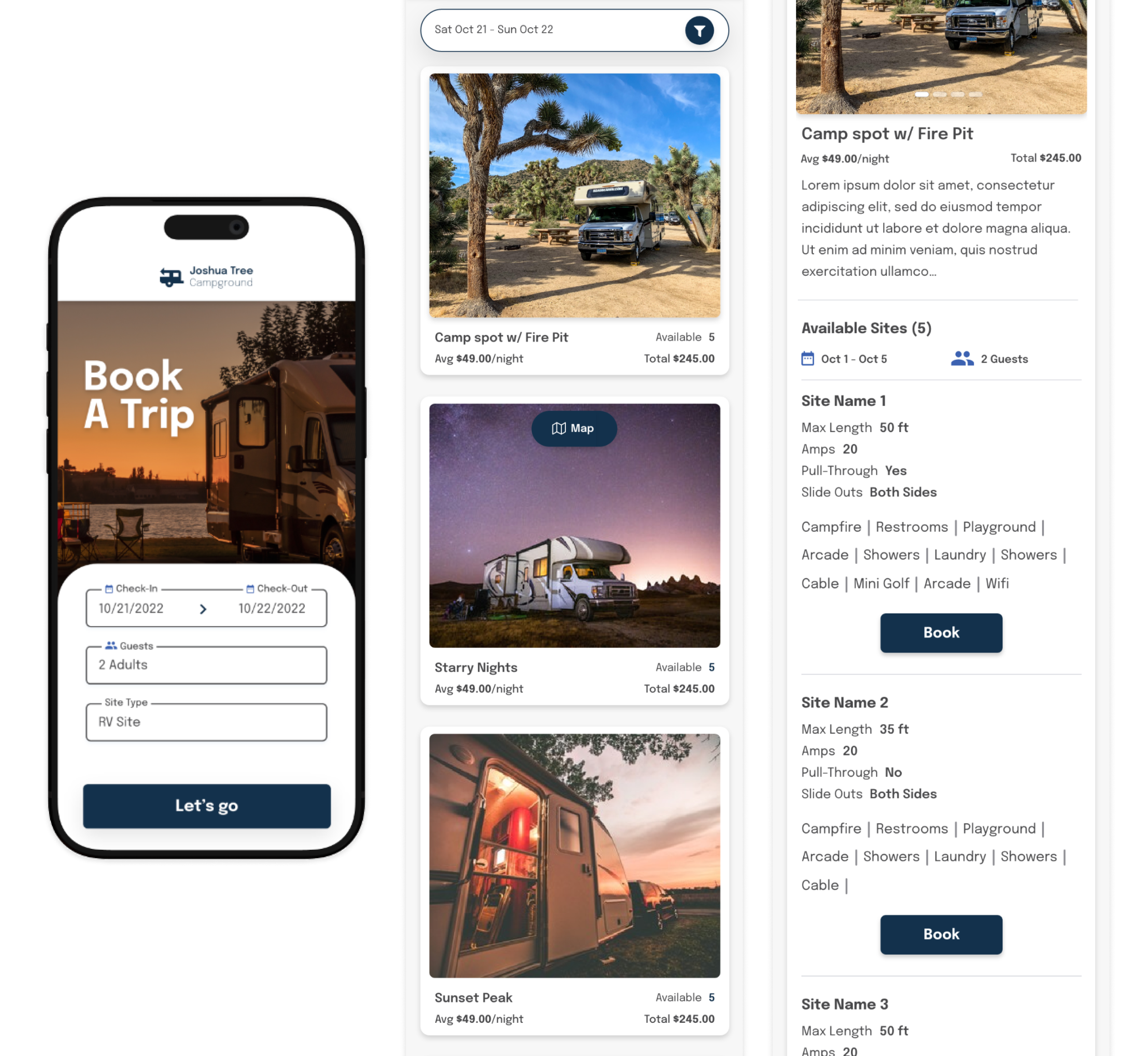 Booking portal search and site selection flow