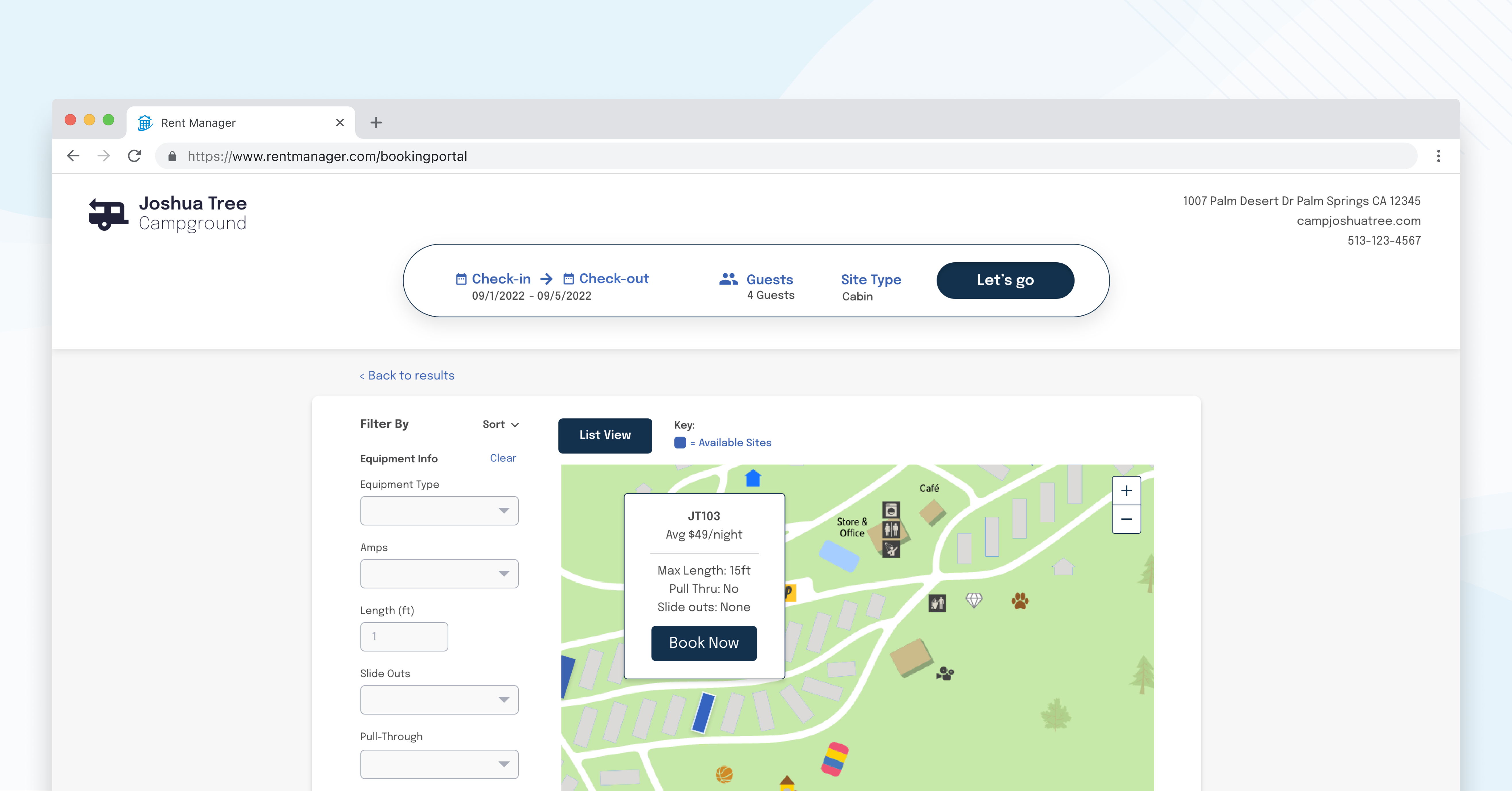 Payment info form with a booking summary showing site, dates, fees, and total