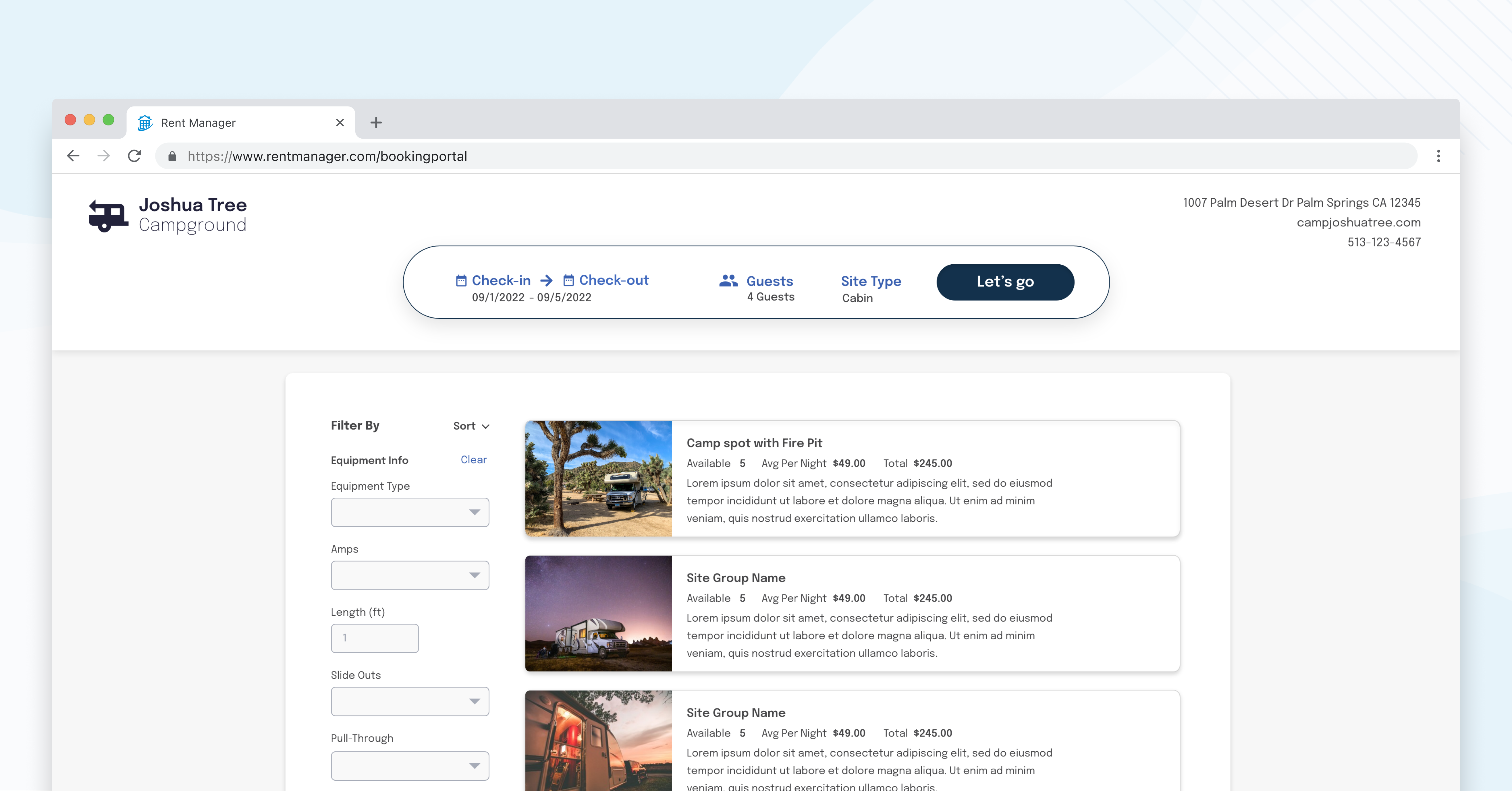 Booking portal search results showing available RV sites with photos, pricing, and descriptions