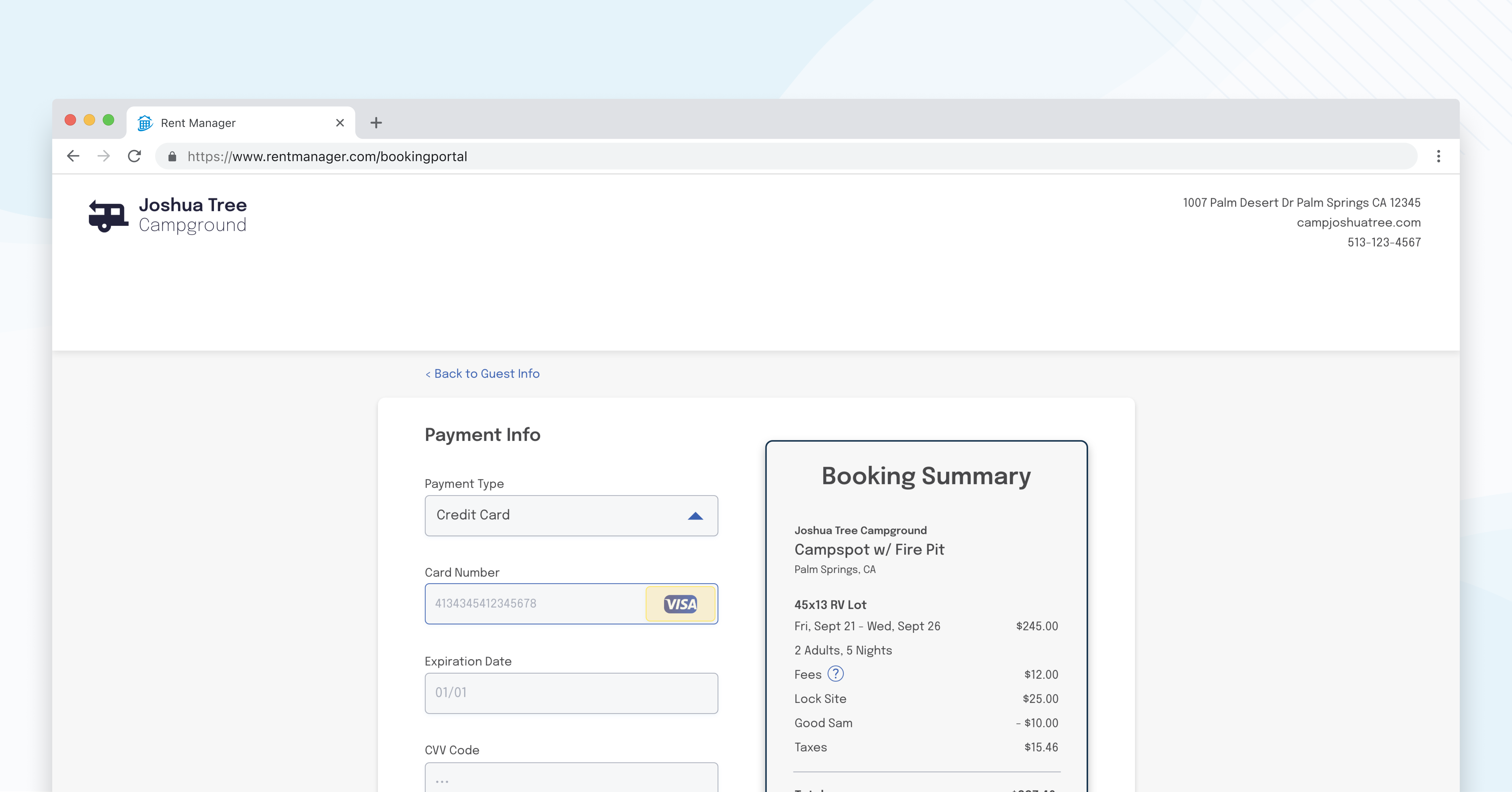 Interactive site map view showing an available site detail popup with pricing and a Book Now button