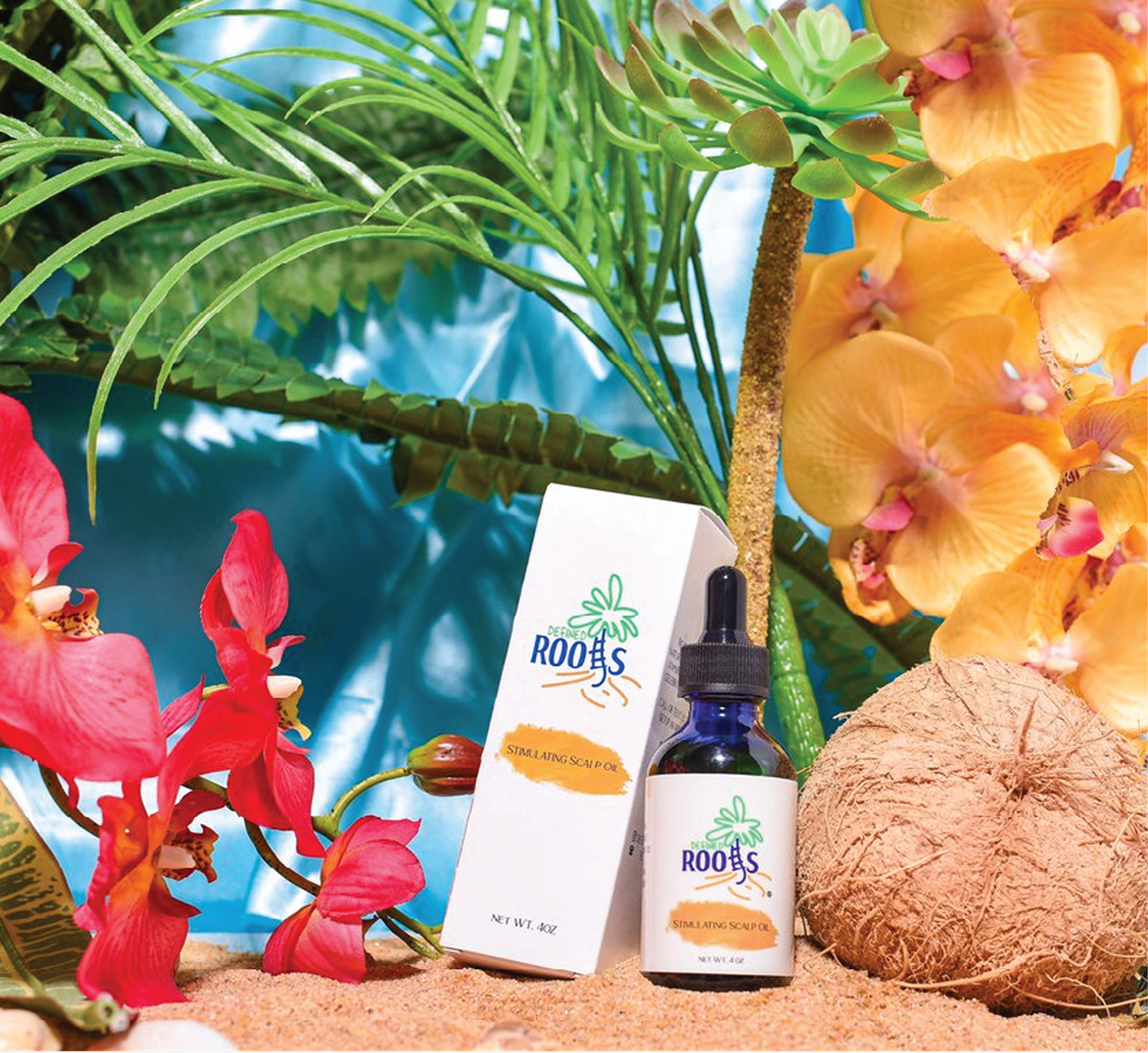 Styled lifestyle photo of Defined Roots scalp oil
