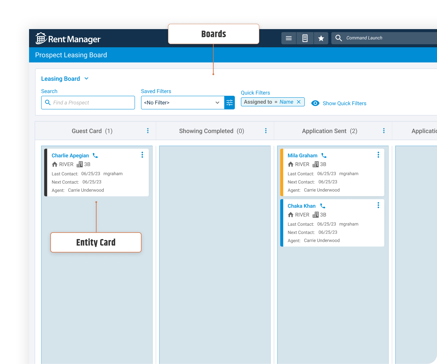 Prospect Leasing Board, annotated to highlight the Boards view and an Entity Card
