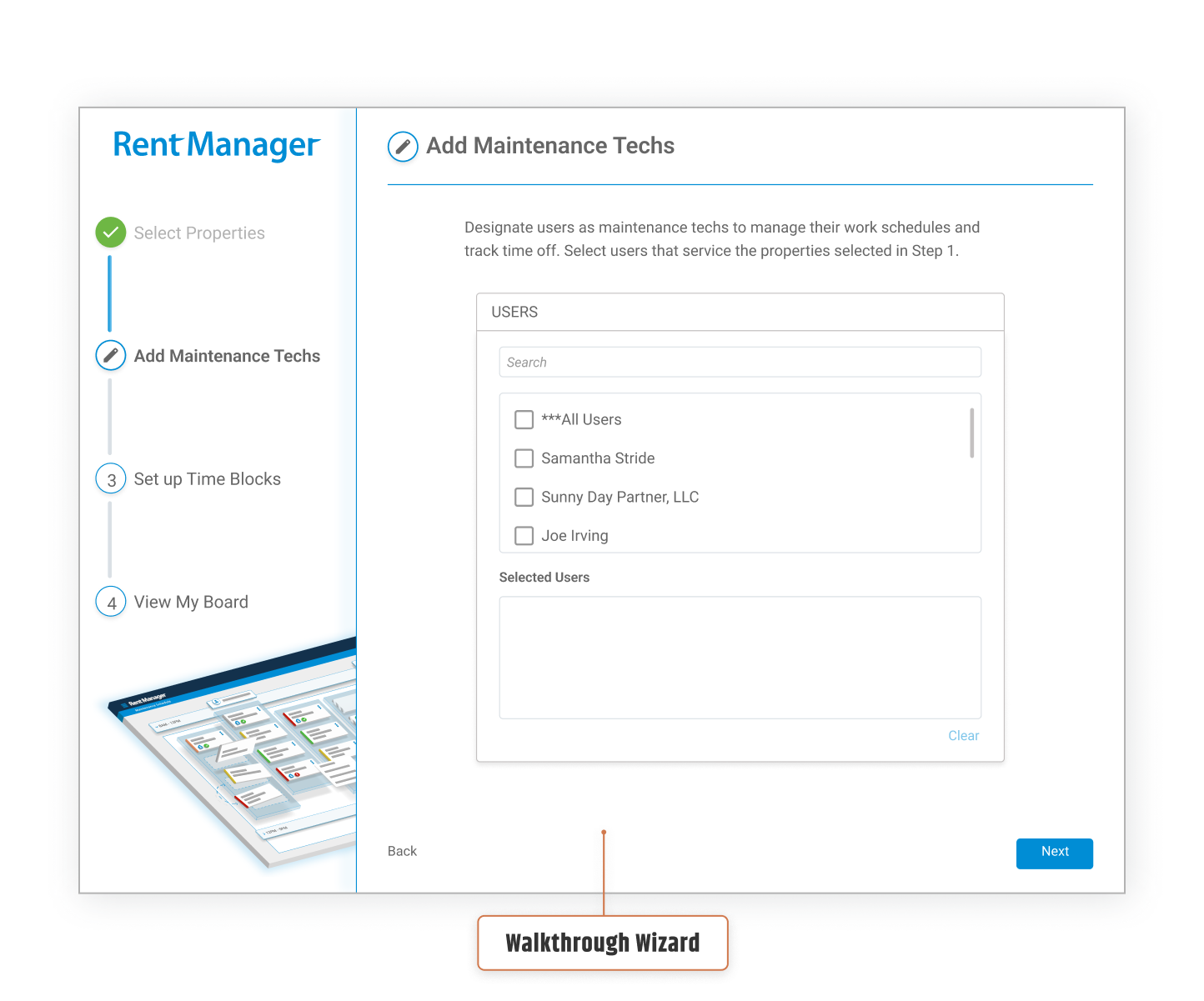 Add Maintenance Techs walkthrough wizard, annotated
